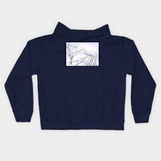 Snowy Landscape with Road and Fence in Ink and Watercolor Pencil Kids Hoodie